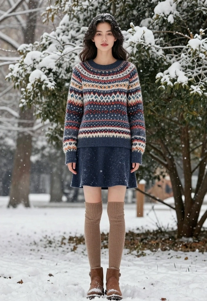 15 Sweater Over Dress Outfit Ideas For Cozy Layered Looks - 14. Cozy Fair Isle Sweater Over a Solid Dress 1