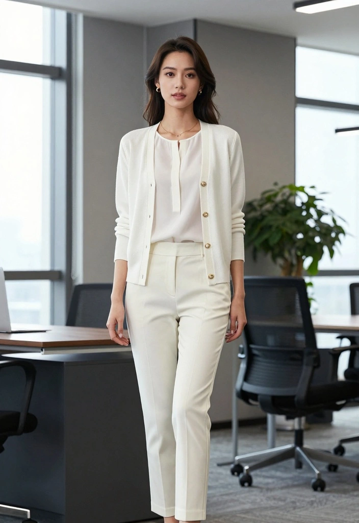 15 White Cardigan Aesthetic Outfit Ideas With Soft Style - 12. Casual Friday at Work 1