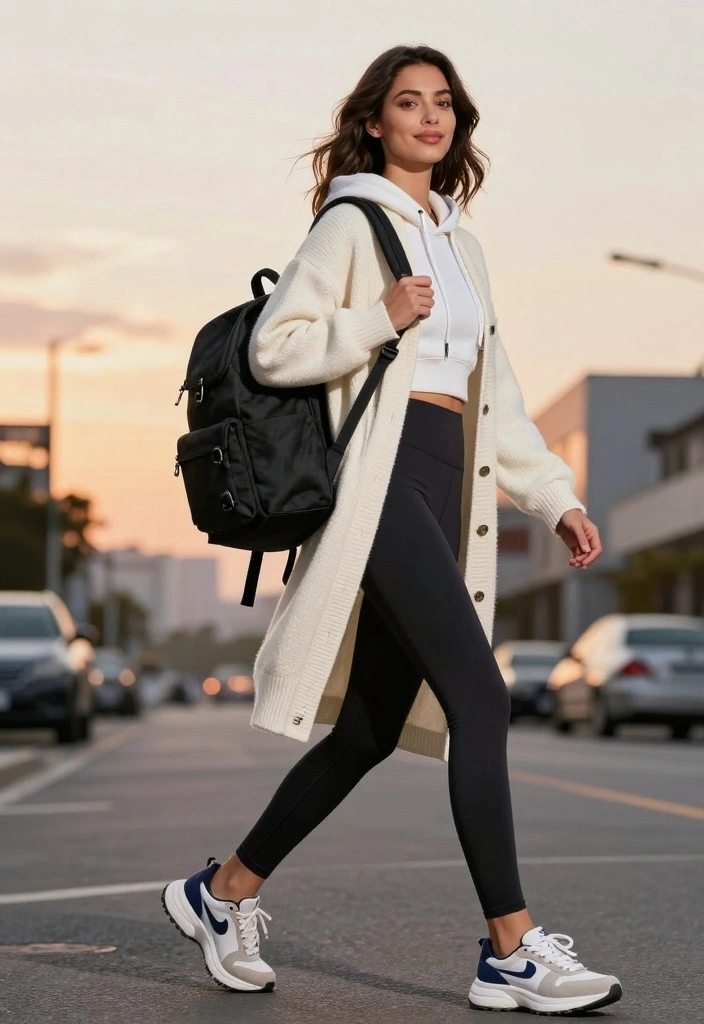 15 White Cardigan Aesthetic Outfit Ideas With Soft Style - 4. Chic Athleisure Vibes 1