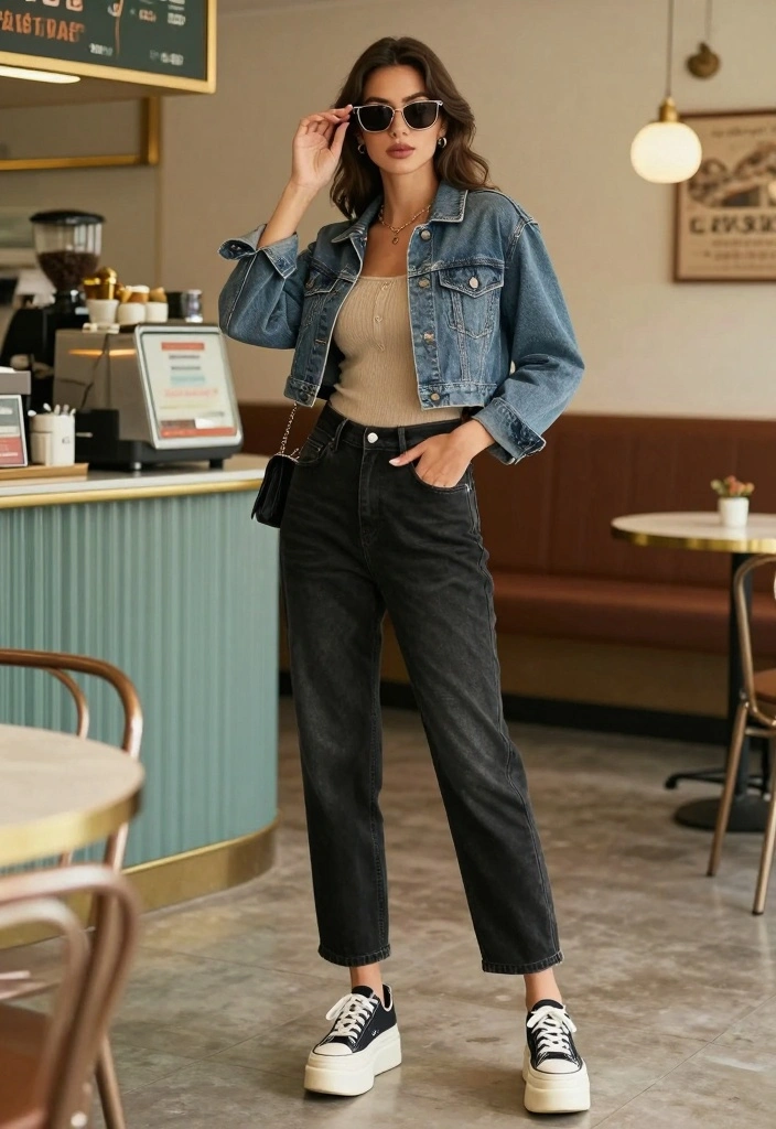 16 Black Baggy Jeans Outfit Ideas With Street Style Edge - 12. Vintage Inspired with a Cropped Jacket 1