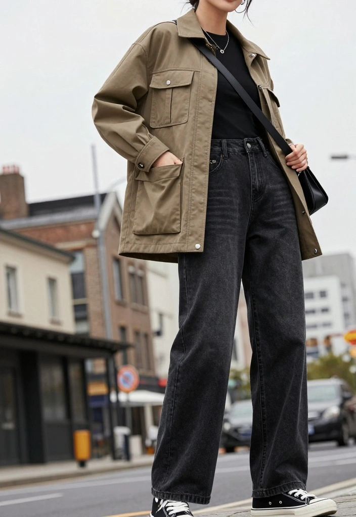 16 Black Baggy Jeans Outfit Ideas With Street Style Edge - 14. Layered Look with a Utility Jacket 1