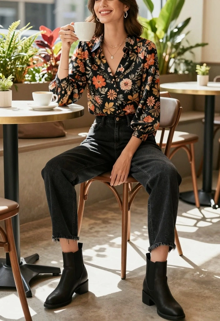 16 Black Baggy Jeans Outfit Ideas With Street Style Edge - 5. Feminine Touch with a Floral Blouse 1