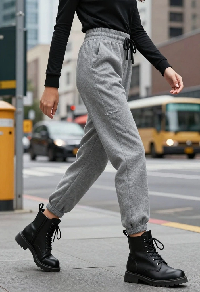 16 Black Boots Outfit Ideas That Go With Everything - 8. Athleisure: Black Boots with Joggers 1