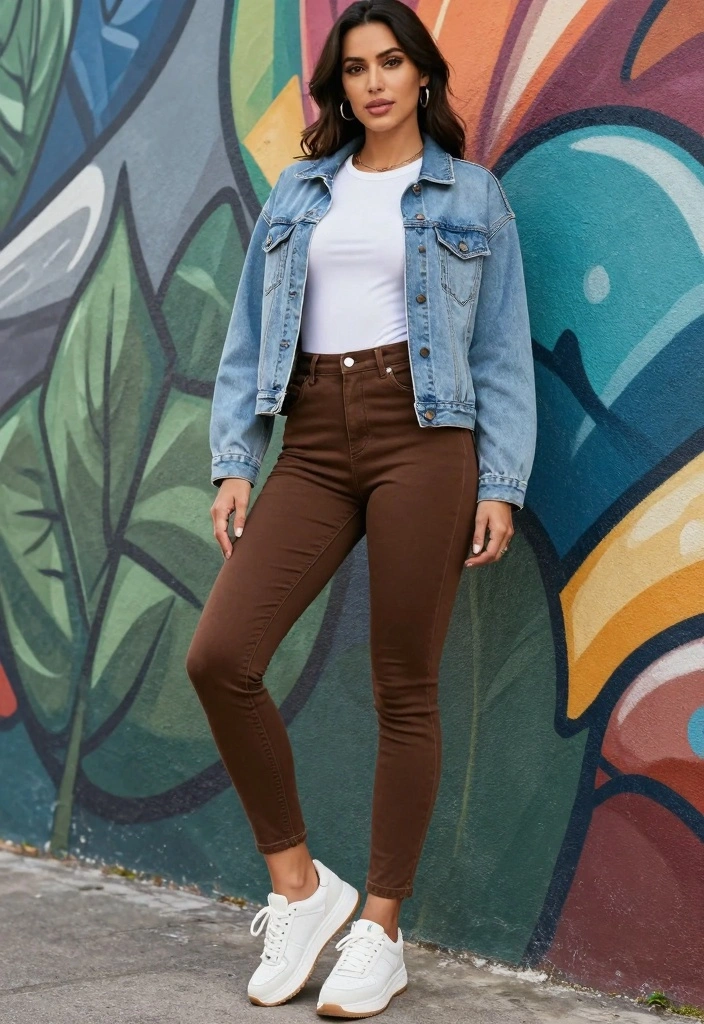 16 Brown Jeans Outfit Ideas With Warm Aesthetic Style - 10. Denim Jacket with Brown Jeans 1