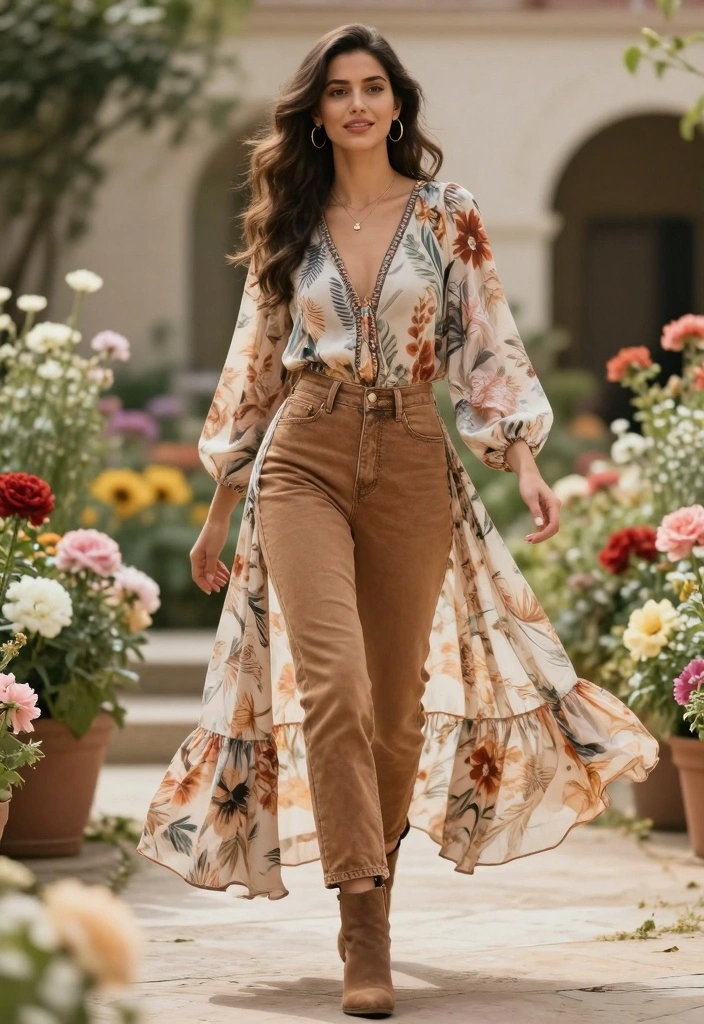 16 Brown Jeans Outfit Ideas With Warm Aesthetic Style - 11. Printed Maxi Dress with Brown Jeans 1
