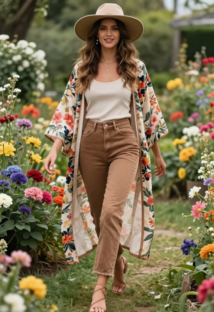 16 Brown Jeans Outfit Ideas With Warm Aesthetic Style - 13. Floral Kimono with Brown Jeans 1