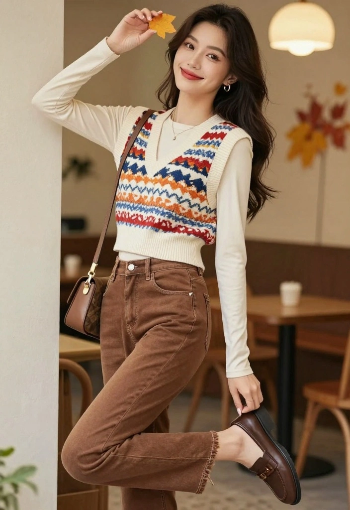 16 Brown Jeans Outfit Ideas With Warm Aesthetic Style - 15. Colorful Sweater Vest with Brown Jeans 1