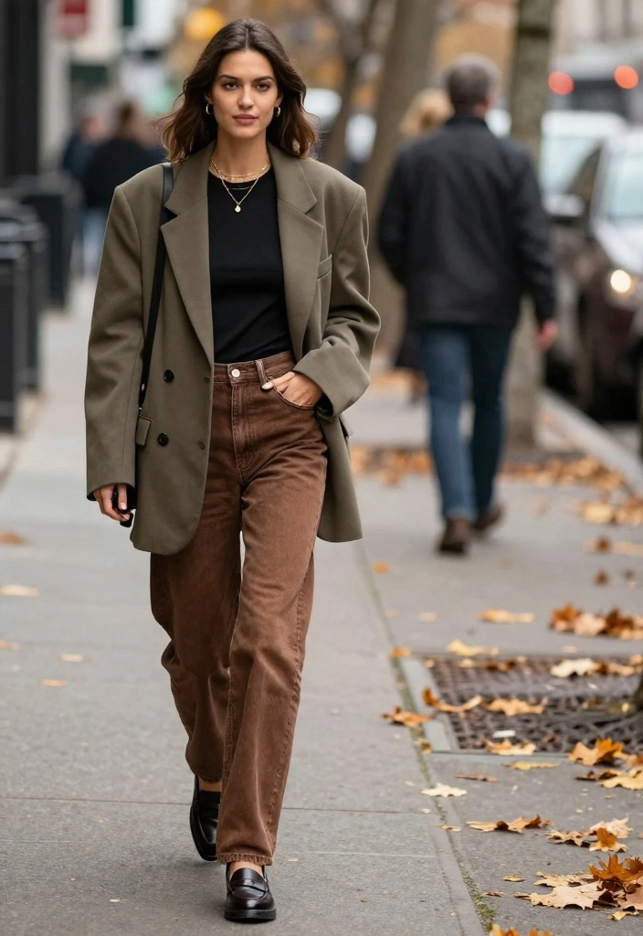 16 Brown Jeans Outfit Ideas With Warm Aesthetic Style - 3. Oversized Blazer with Brown Jeans 1