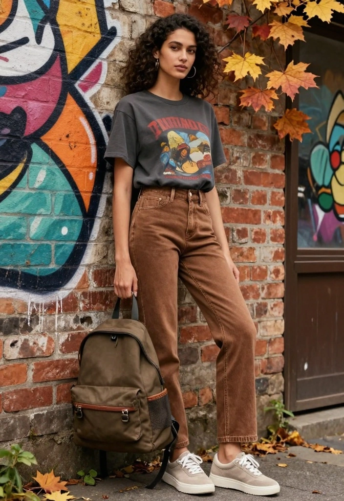 16 Brown Jeans Outfit Ideas With Warm Aesthetic Style - 4. Graphic Tee and Brown Jeans 1