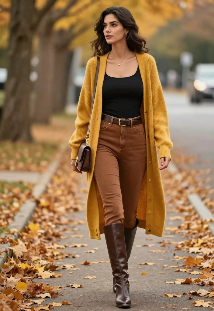 16 Brown Jeans Outfit Ideas With Warm Aesthetic Style - 5. Long Cardigan with Brown Jeans 1