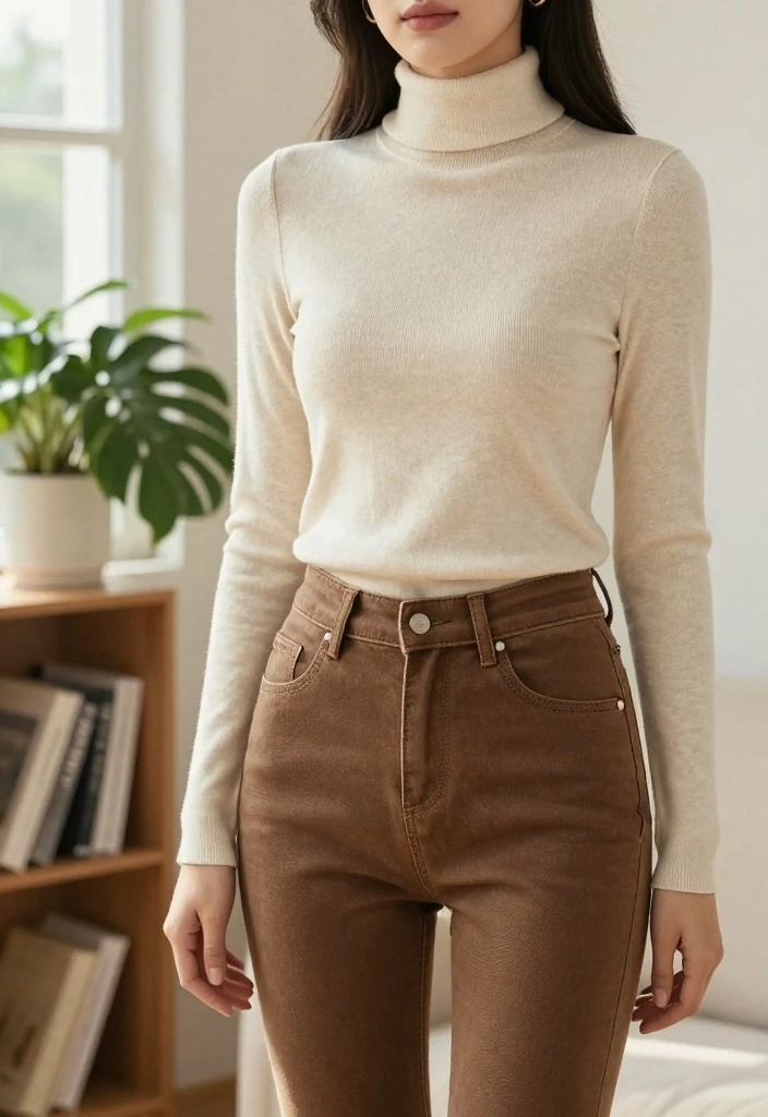 16 Brown Jeans Outfit Ideas With Warm Aesthetic Style - 6. Turtleneck and Brown Jeans 1