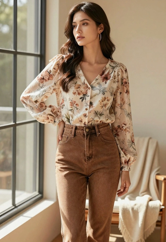 16 Brown Jeans Outfit Ideas With Warm Aesthetic Style - 7. Flowy Blouse with Brown Jeans 1