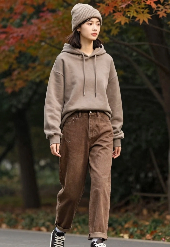 16 Brown Jeans Outfit Ideas With Warm Aesthetic Style - 8. Casual Hoodie with Brown Jeans 1