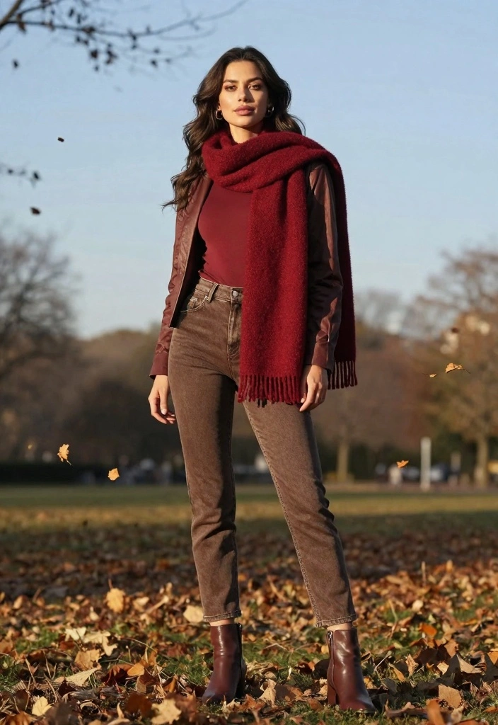 16 Brown Jeans Outfit Ideas With Warm Aesthetic Style - 9. Chunky Scarf with Brown Jeans 1