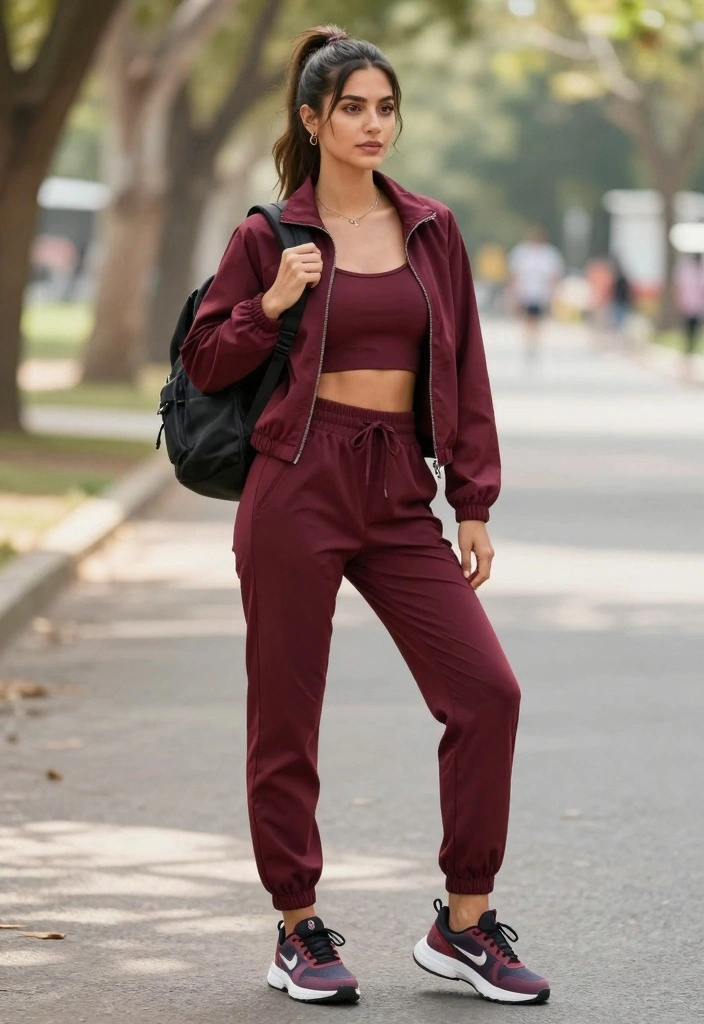 16 Burgundy Jacket Outfit Ideas That Look Rich And Stylish - 8. Sporty Yet Stylish 1