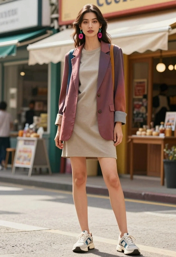 16 Dress And Blazer Outfit Ideas That Instantly Look Polished - 11. Casual T-Shirt Dress with a Lightweight Blazer 1