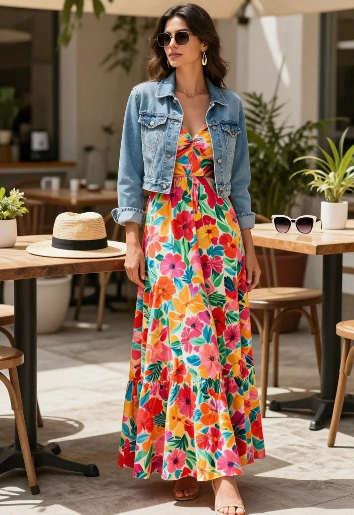 16 Dress And Blazer Outfit Ideas That Instantly Look Polished - 2. Floral Maxi Dress with a Denim Blazer 1