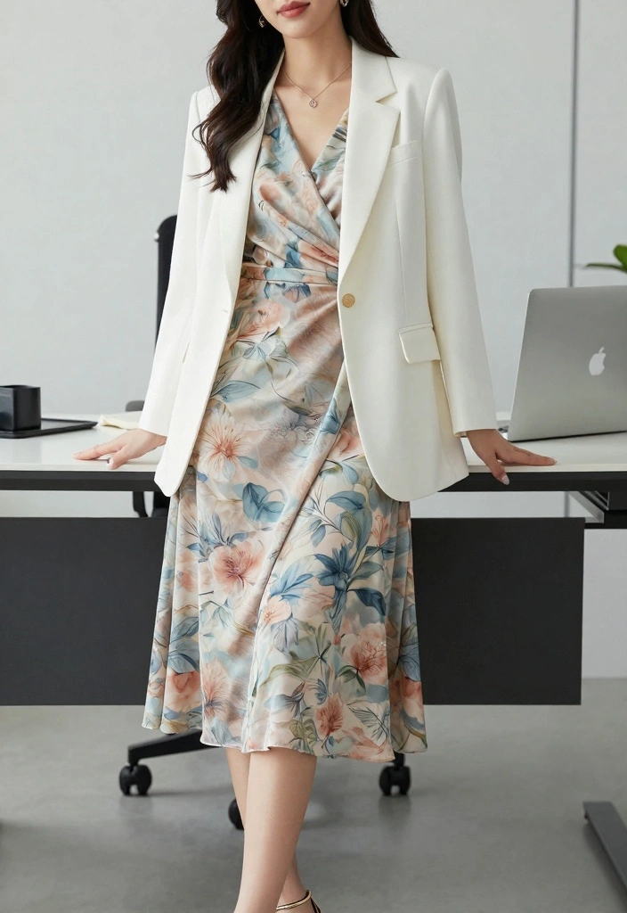16 Dress And Blazer Outfit Ideas That Instantly Look Polished - 5. Printed Wrap Dress with a Longline Blazer 1