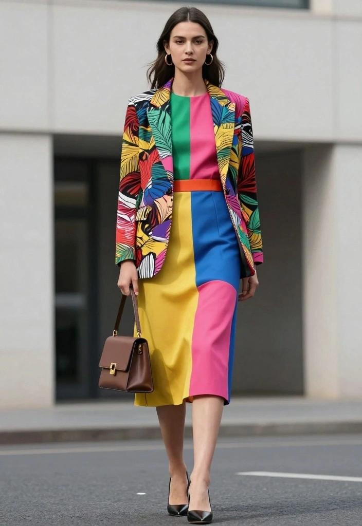 16 Dress And Blazer Outfit Ideas That Instantly Look Polished - 9. Color-Blocked Dress with a Statement Blazer 1