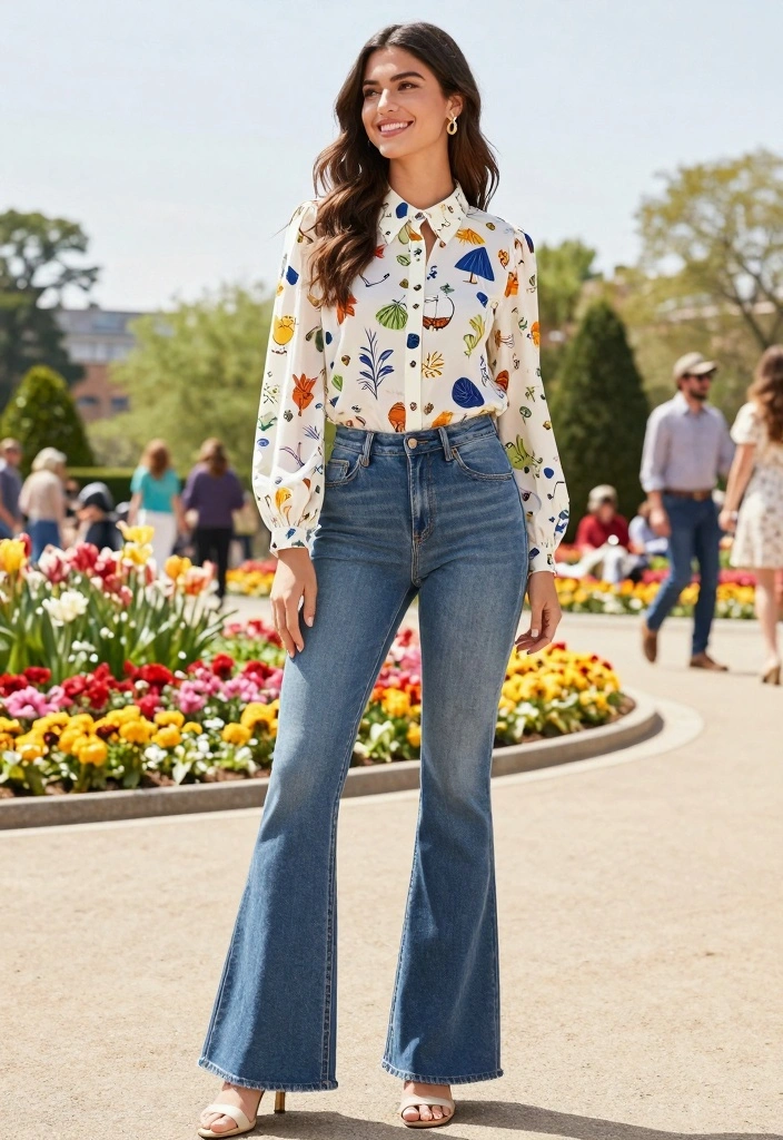 16 Flared Jeans Outfit Ideas With Retro Energy - 13. Playful Patterns 1
