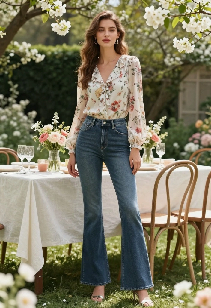 16 Flared Jeans Outfit Ideas With Retro Energy - 9. Garden Party Glam 1