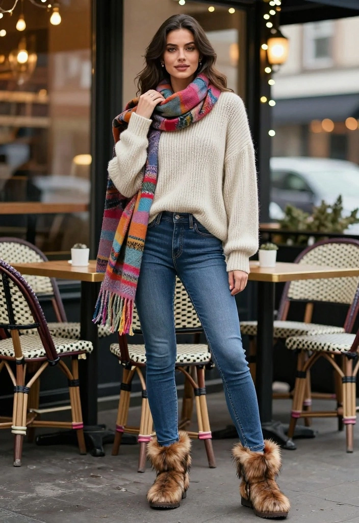 16 Fur Boots Outfit Ideas For Black Women In Winter - 1. Casual Chic: Oversized Sweater and Skinny Jeans 1