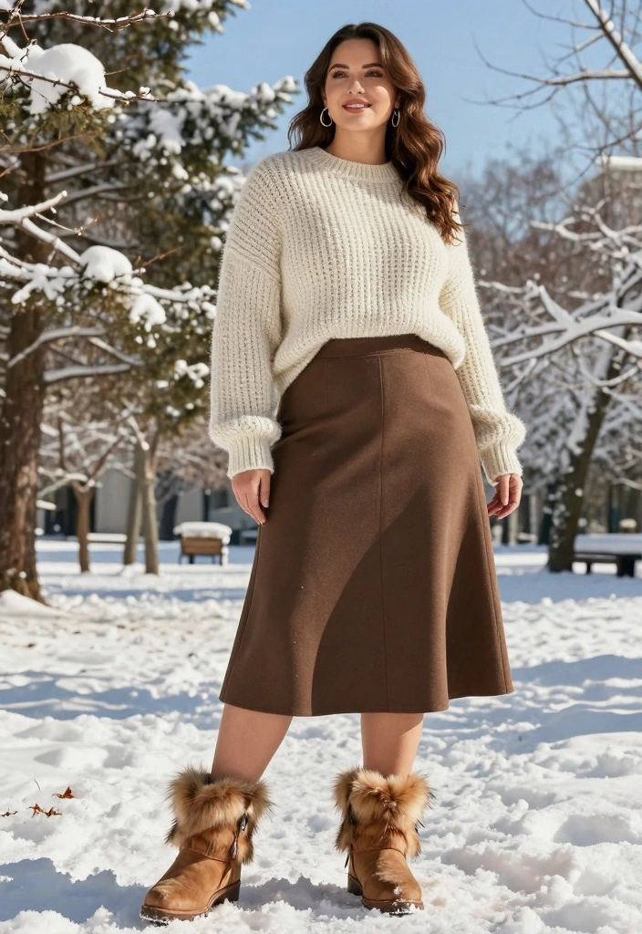16 Fur Boots Outfit Ideas For Black Women In Winter - 11. Fun and Flirty: A-Line Skirt and Chunky Knit 1