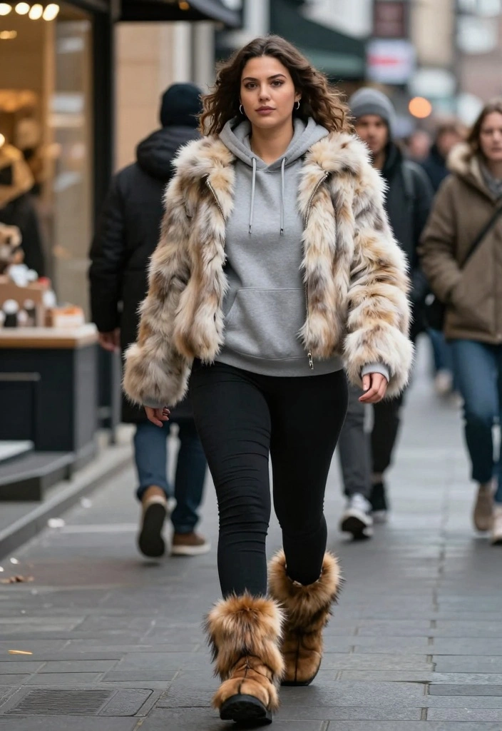 16 Fur Boots Outfit Ideas For Black Women In Winter - 13. Trendy Layering: Hoodie and Faux Fur Jacket 1