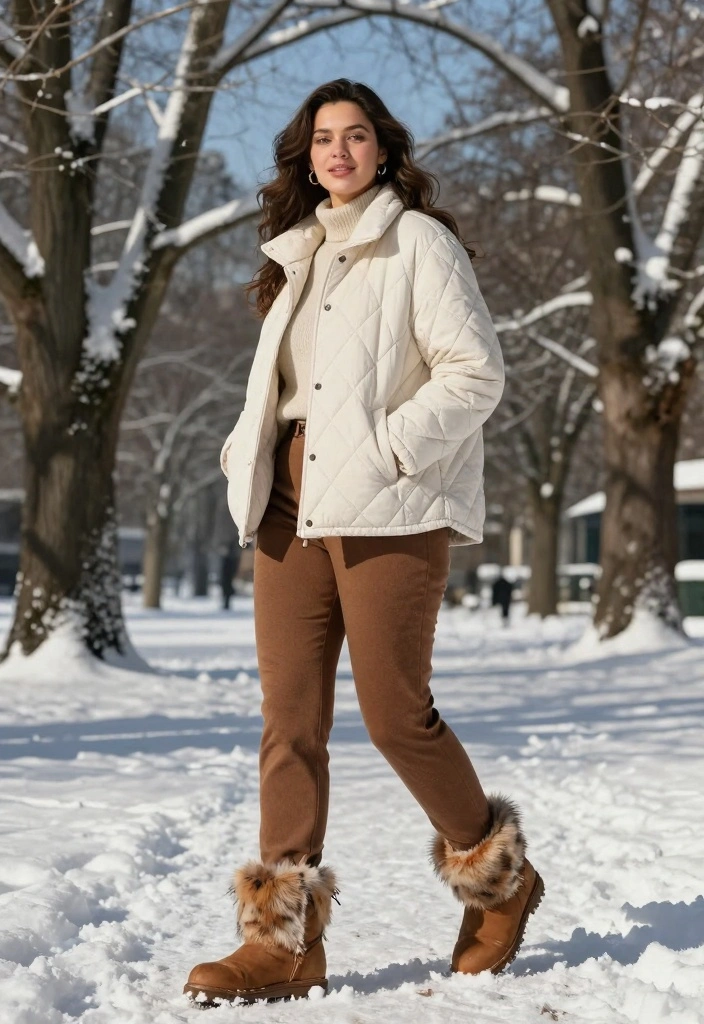 16 Fur Boots Outfit Ideas For Black Women In Winter - 15. All-Weather Comfort: Quilted Jacket and Warm Trousers 1