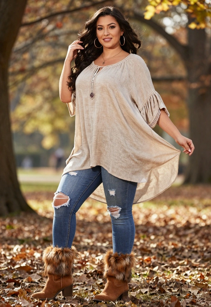 16 Fur Boots Outfit Ideas For Black Women In Winter - 6. Bohemian Flair: Flowy Tunic and Distressed Jeans 1