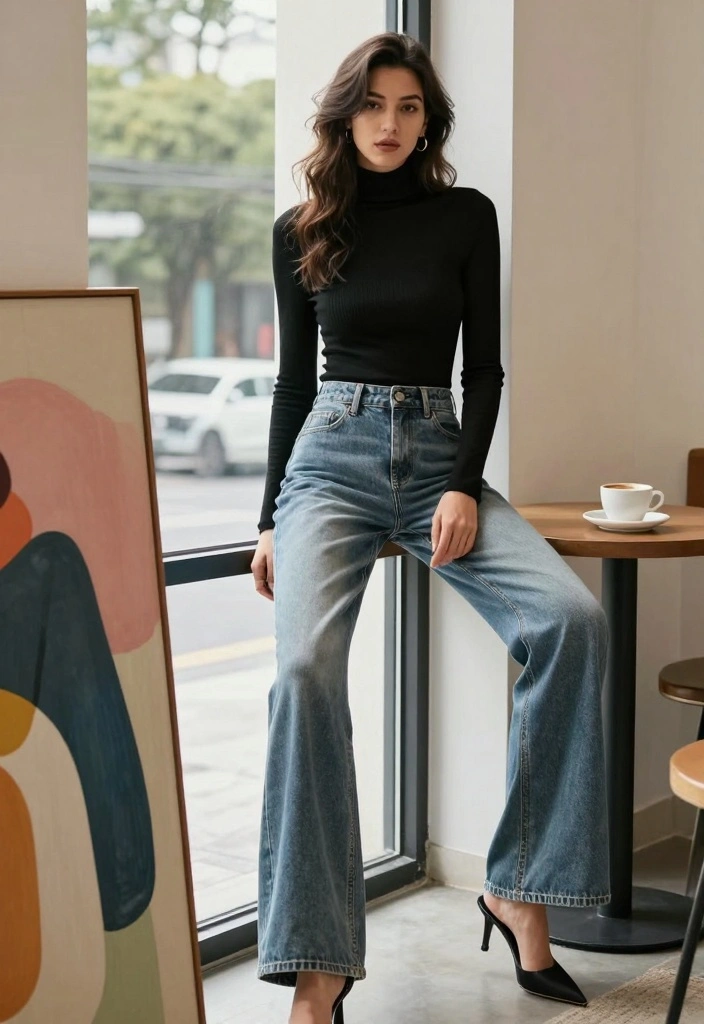 16 Jeans And Denim Outfit Ideas For Everyday Styling - 12. Wide-Leg Jeans with a Turtleneck 1