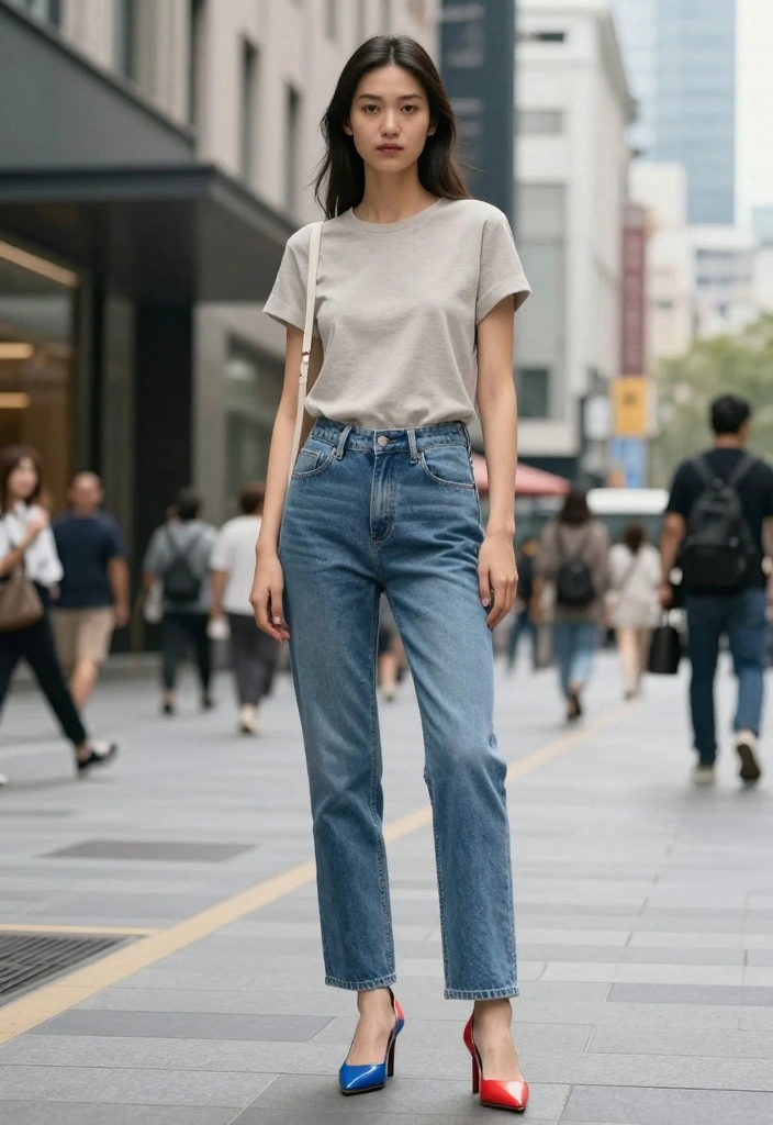 16 Jeans And Denim Outfit Ideas For Everyday Styling - 16. Minimalist Denim Look with Statement Shoes 1