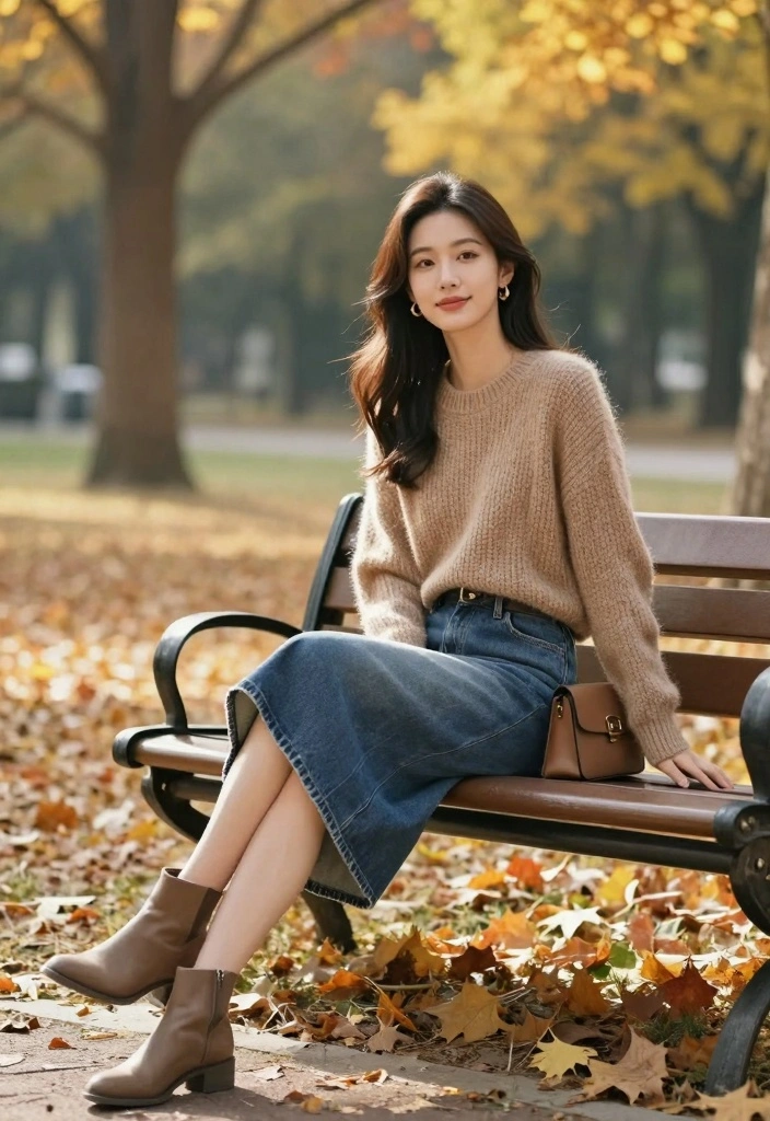 16 Jeans And Denim Outfit Ideas For Everyday Styling - 2. Denim Skirt and Knit Sweater Combo 1