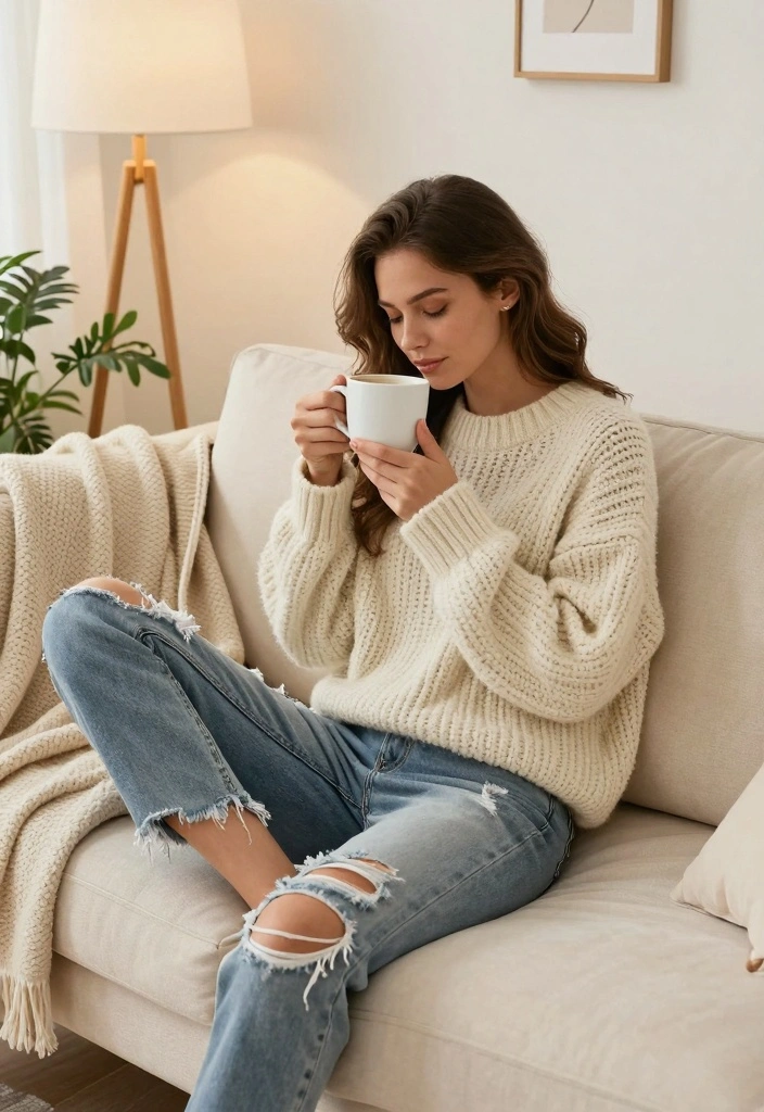 16 Jeans And Denim Outfit Ideas For Everyday Styling - 6. Distressed Jeans with a Chunky Knit Sweater 1