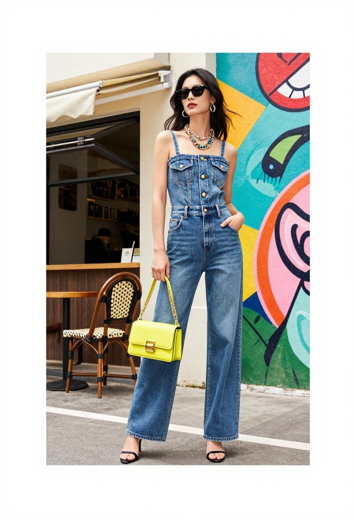 16 Jeans And Denim Outfit Ideas For Everyday Styling - 7. Denim Jumpsuit with Statement Accessories 1