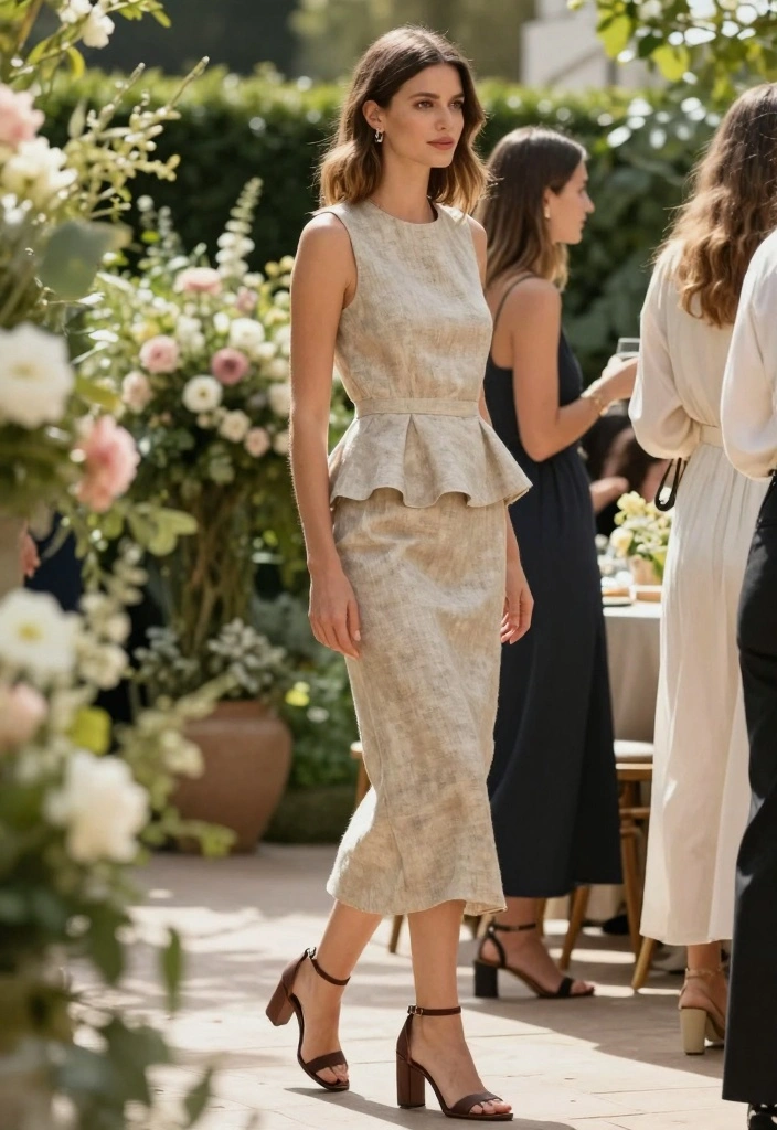 16 Linen Dress Outfit Ideas For Chic Relaxed Style - 11. Peplum Linen Dress with Block Heels 1