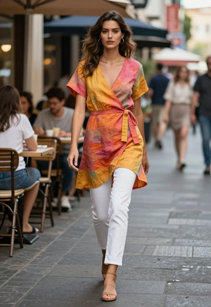 16 Linen Dress Outfit Ideas For Chic Relaxed Style - 7. Wrap Linen Dress with White Jeans 1