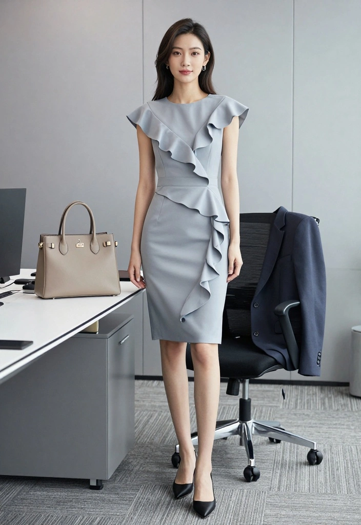 16 Ruffle Dress Outfit Ideas With Soft Feminine Movement - 10. Chic Office Wear 1