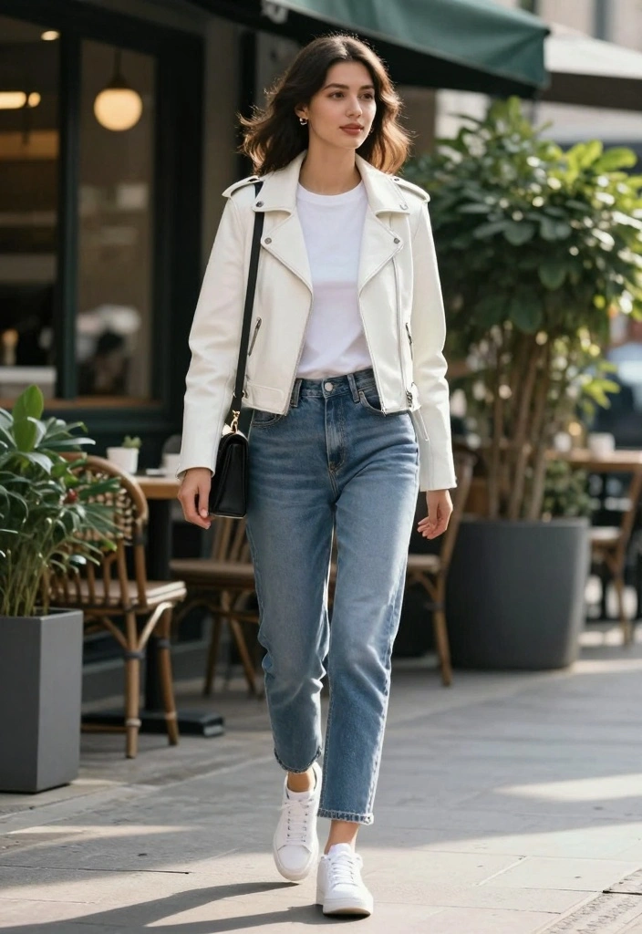 16 White Leather Jacket Outfit Ideas For Bold Clean Looks - 1. Classic Casual Vibes 1
