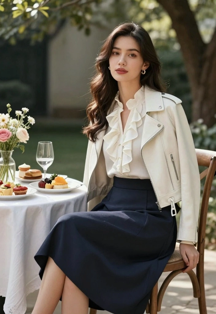 16 White Leather Jacket Outfit Ideas For Bold Clean Looks - 13. Romantic Ruffles 1