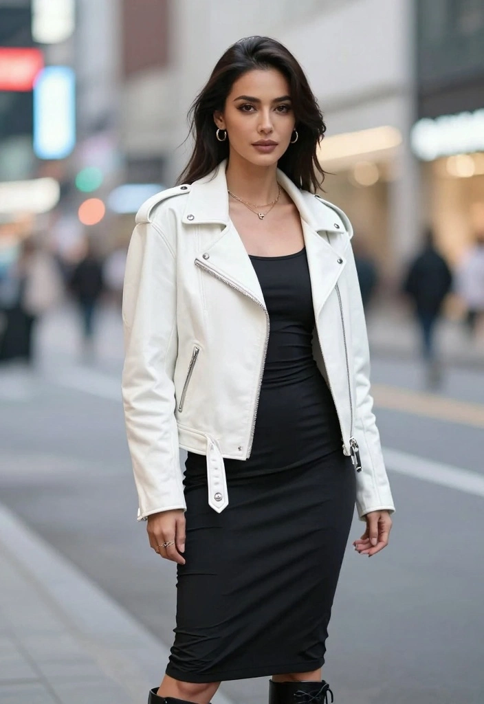 16 White Leather Jacket Outfit Ideas For Bold Clean Looks - 2. Edgy Elegance 1