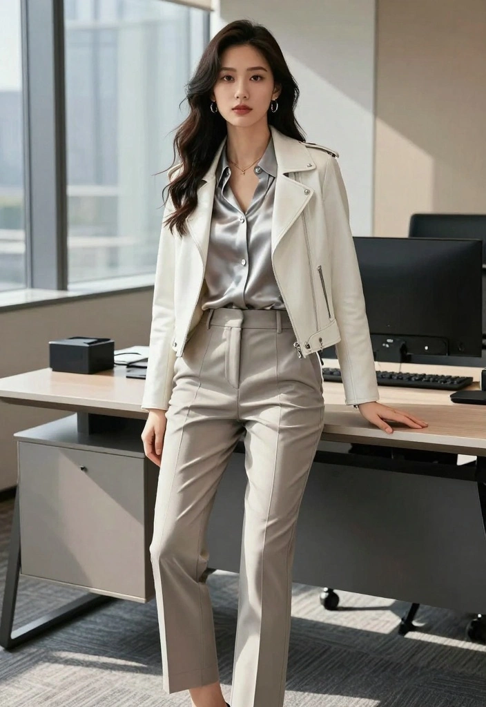 16 White Leather Jacket Outfit Ideas For Bold Clean Looks - 9. Workwear Chic 1