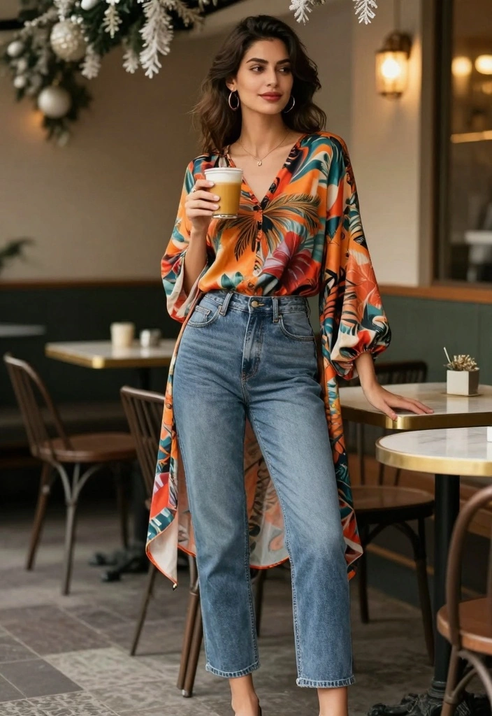 16 Winter Mom Jeans Outfit Ideas For Cozy Chic Outfits - 12. Printed Tunic and Jeans 1