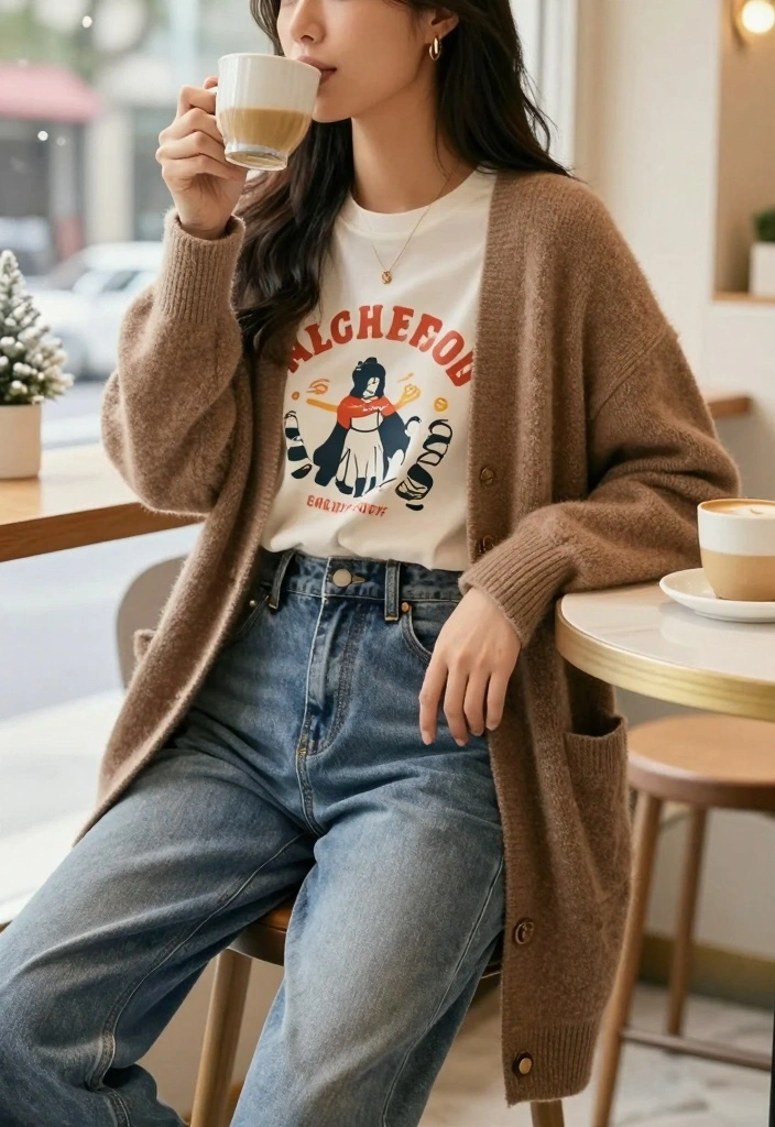 16 Winter Mom Jeans Outfit Ideas For Cozy Chic Outfits - 14. Graphic Tee Layering 1