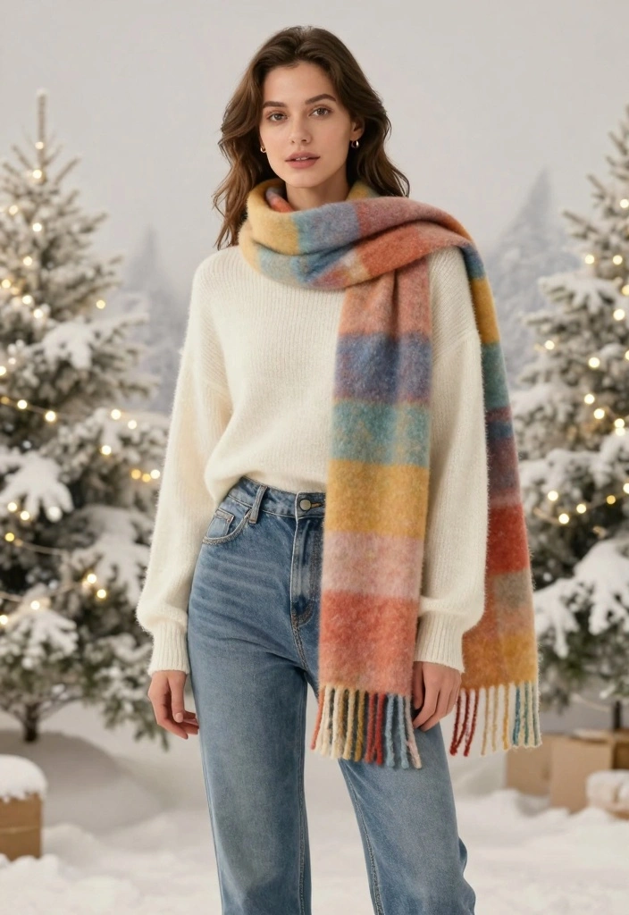 16 Winter Mom Jeans Outfit Ideas For Cozy Chic Outfits - 8. Printed Scarf Layering 1