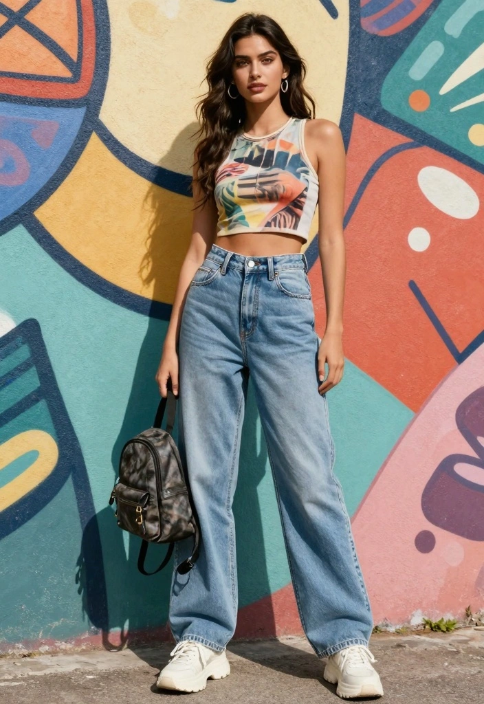 17 Baggy Jeans And Crop Top Outfit Ideas Women Love Right Now - 2. Graphic Crop Top with High-Waisted Baggy Jeans 1
