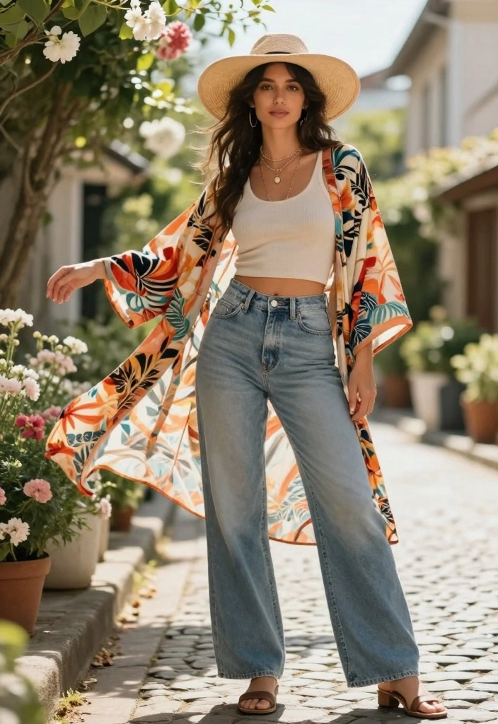 17 Baggy Jeans And Crop Top Outfit Ideas Women Love Right Now - 3. Boho Chic with Cropped Kimono and Baggy Jeans 1