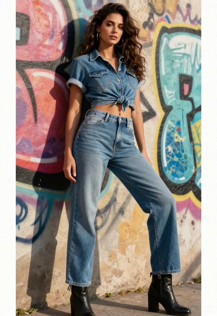 17 Baggy Jeans And Crop Top Outfit Ideas Women Love Right Now - 6. Denim-on-Denim with Baggy Jeans and a Cropped Chambray Top 1