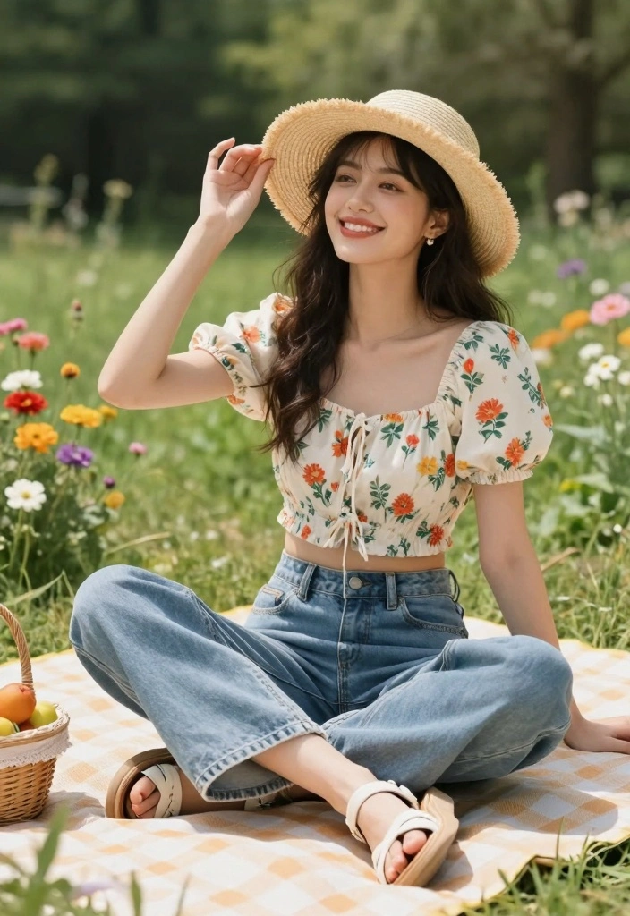 17 Baggy Jeans And Crop Top Outfit Ideas Women Love Right Now - 7. Floral Print Crop Top with Baggy Jeans 1