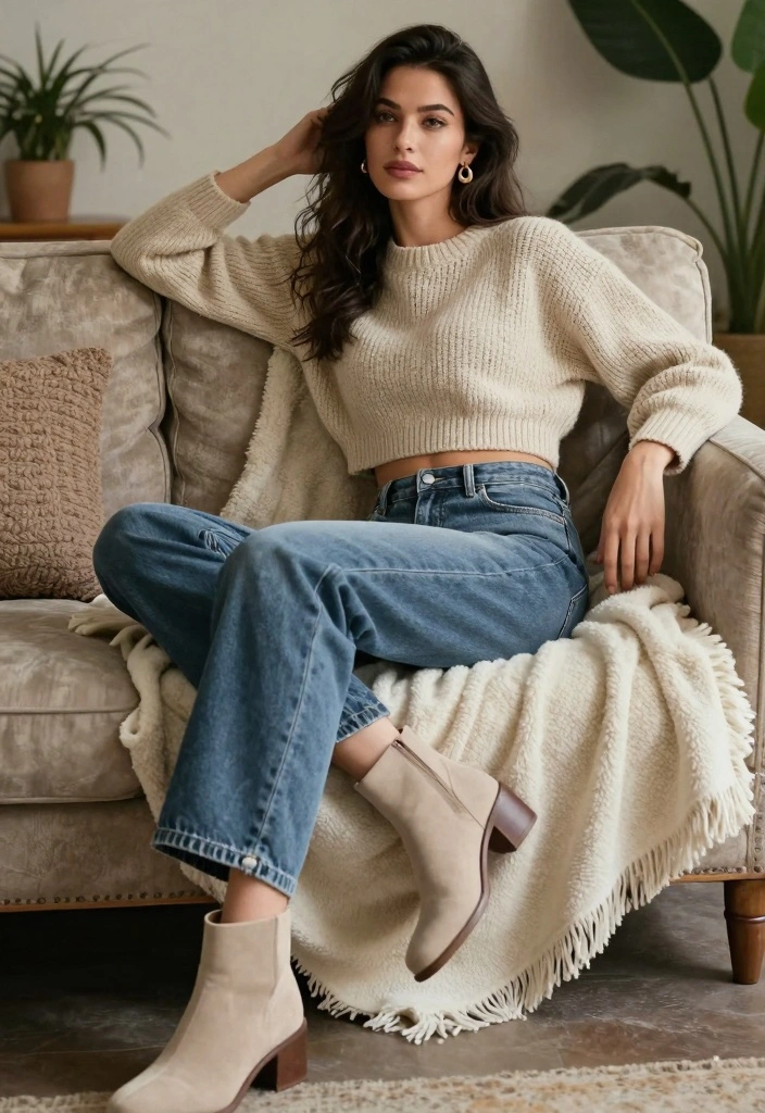 17 Baggy Jeans And Crop Top Outfit Ideas Women Love Right Now - 8. Cozy Sweater Crop Top with Baggy Jeans 1